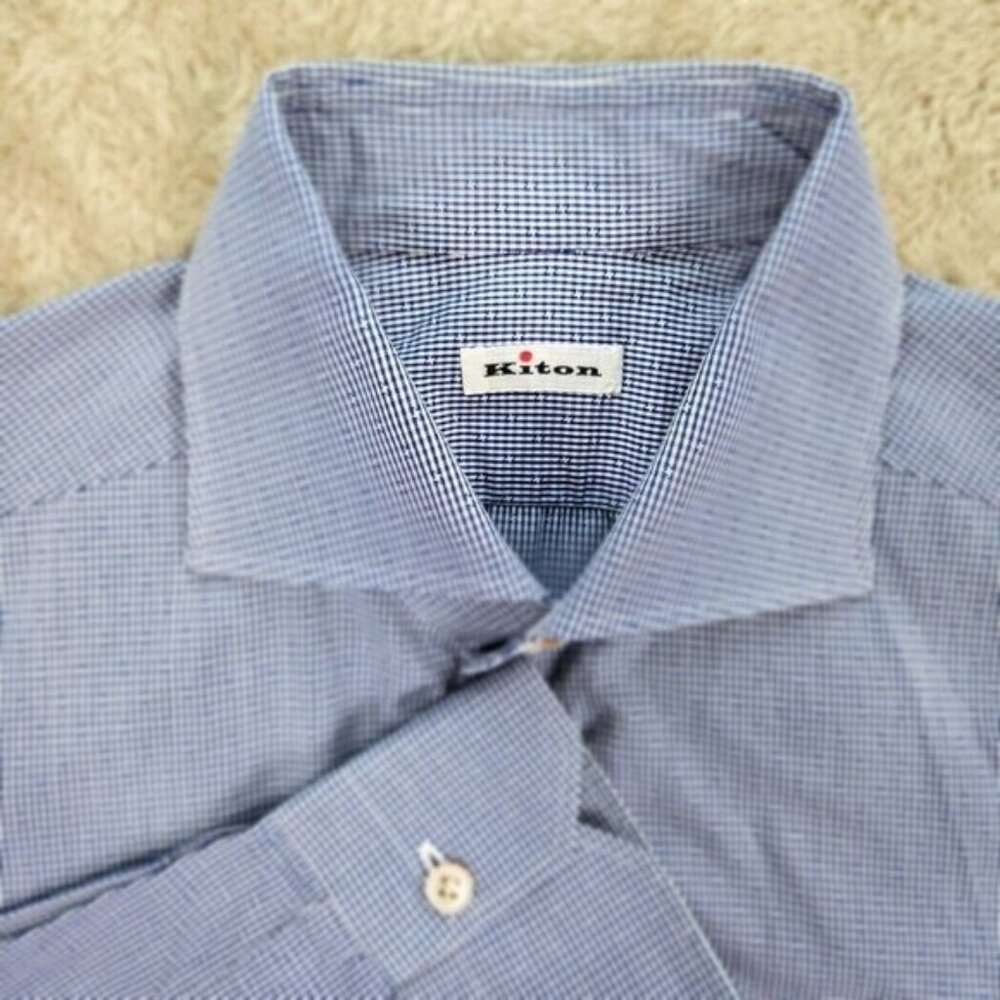 Made In Italy Kiton Dress Shirt Blue White Plaid Check Mens (Measurement Photos)